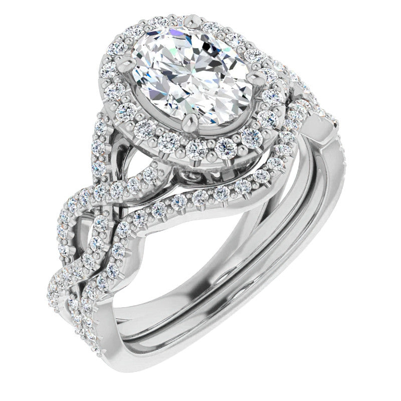 Oval Cut Infinity Halo Moissanite Engagement Ring with Scrolls