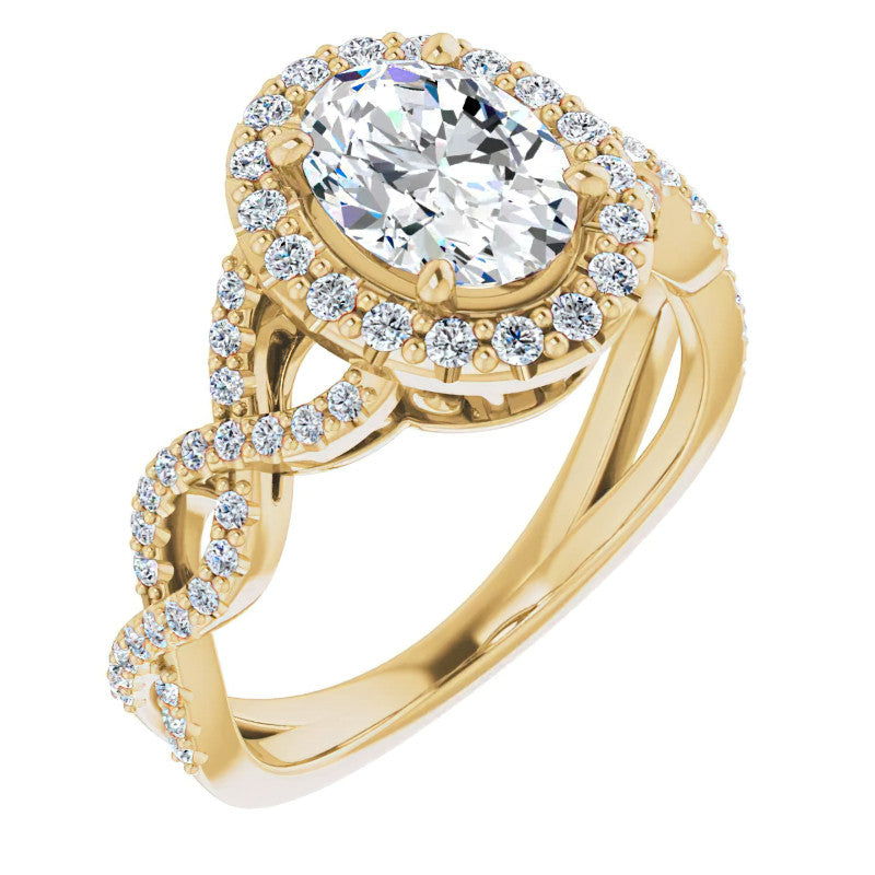 Oval Cut Infinity Halo Moissanite Engagement Ring with Scrolls