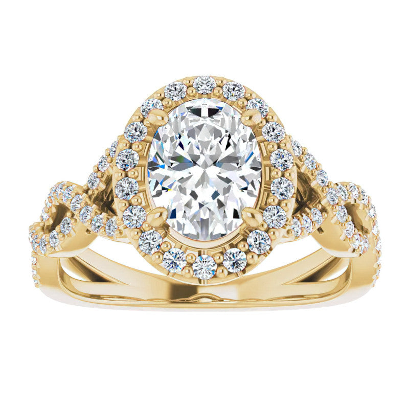 Oval Cut Infinity Halo Moissanite Engagement Ring with Scrolls