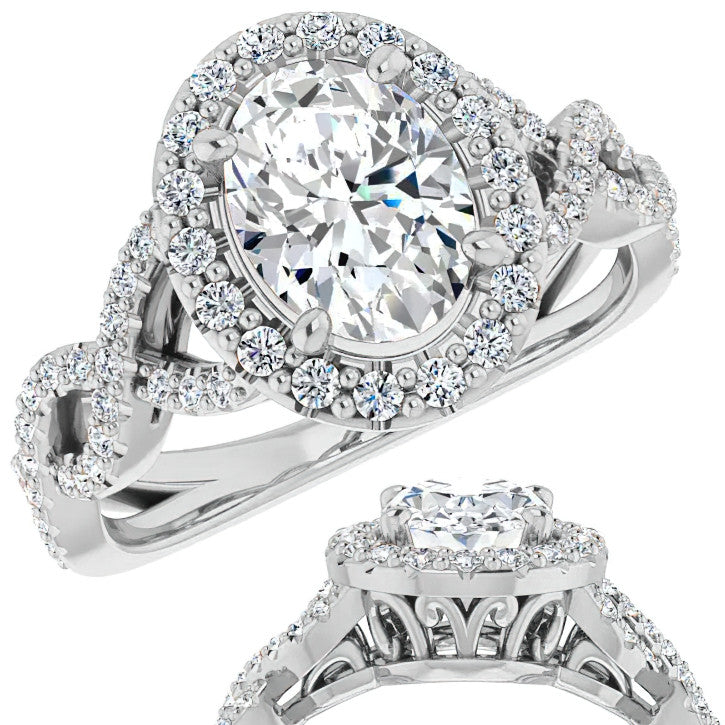 Oval Cut Infinity Halo Moissanite Engagement Ring with Scrolls