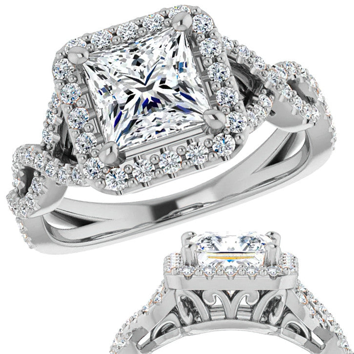 Princess Infinity Halo Engagement Ring with Scrolls