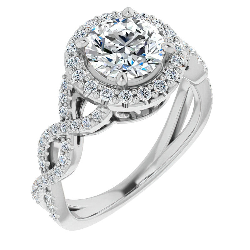 Round Infinity Halo Engagement Ring with Scrolls