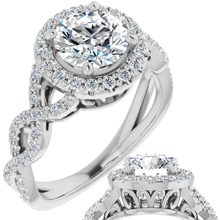 Round Infinity Halo Engagement Ring with Scrolls