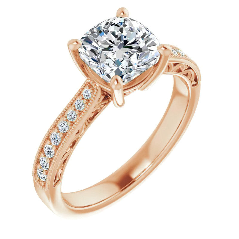 Cushion Engraved Engagement Ring with Milgrain
