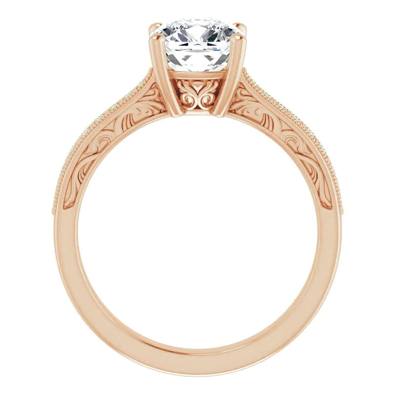 Cushion Engraved Engagement Ring with Milgrain