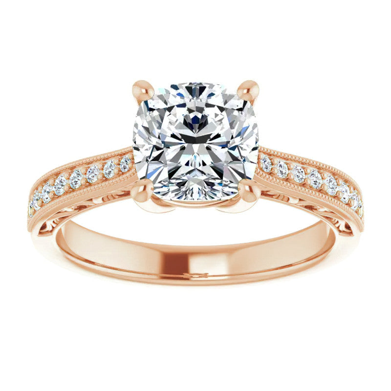 Cushion Engraved Engagement Ring with Milgrain