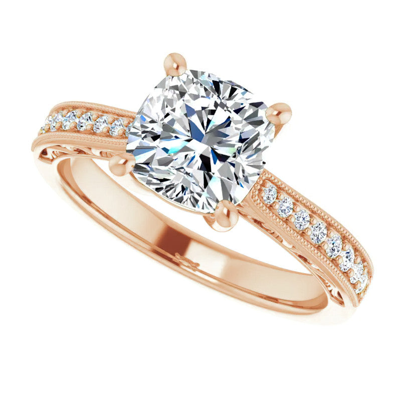 Cushion Engraved Engagement Ring with Milgrain