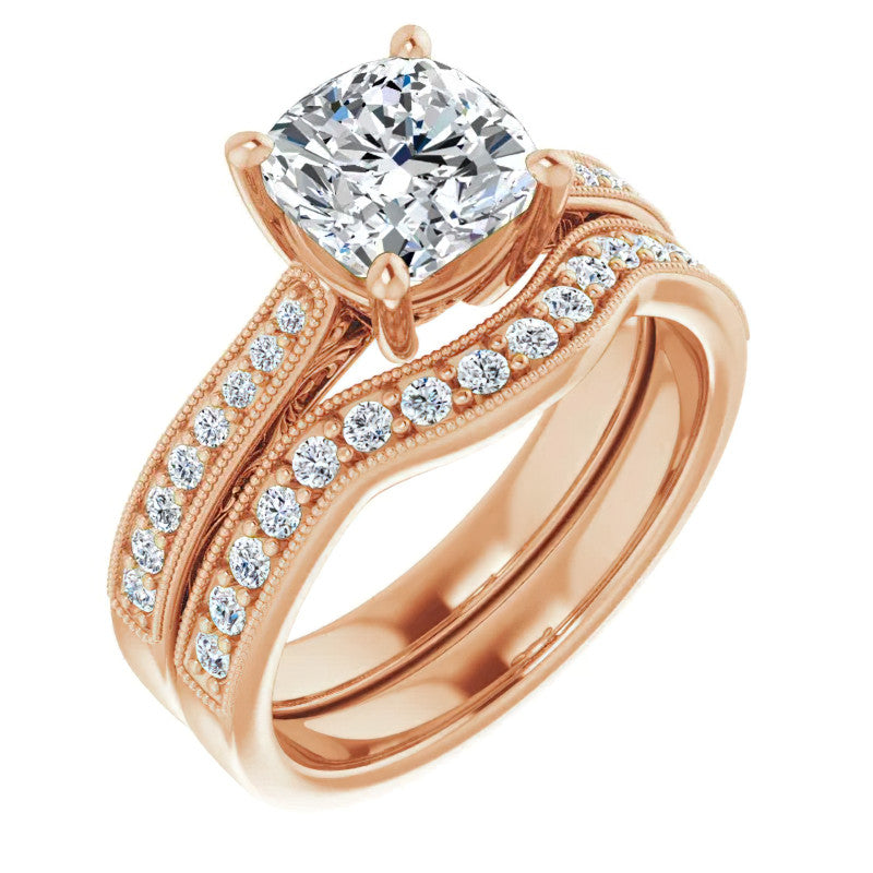 Cushion Engraved Engagement Ring with Milgrain