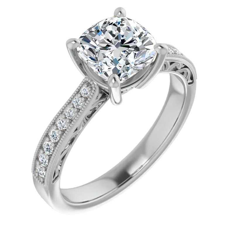 Cushion Engraved Engagement Ring with Milgrain