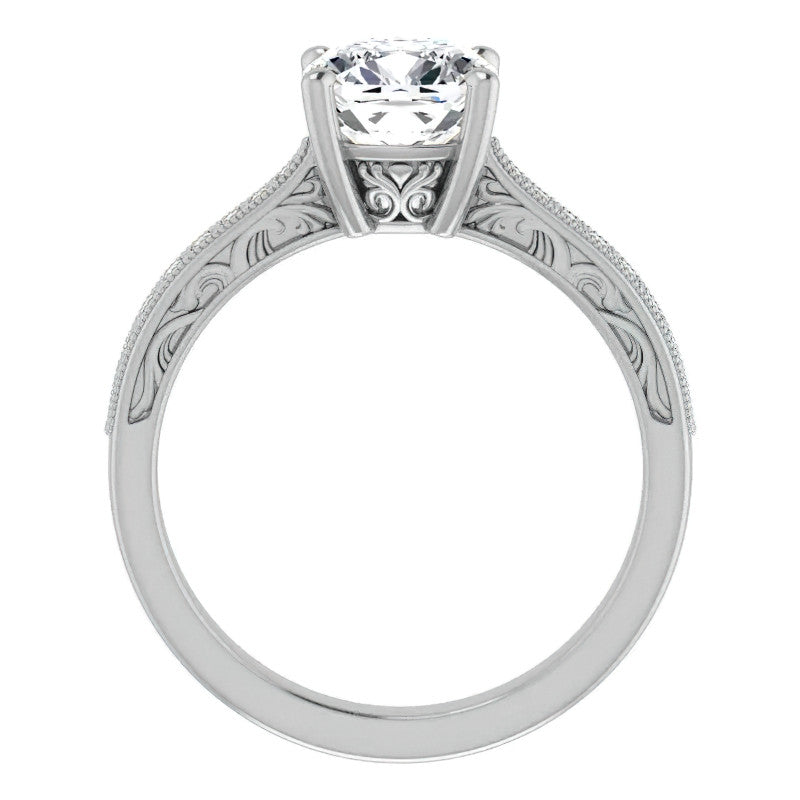 Cushion Engraved Engagement Ring with Milgrain