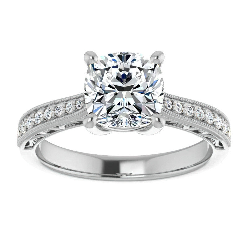 Cushion Engraved Engagement Ring with Milgrain
