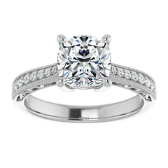 Cushion Engraved Engagement Ring with Milgrain