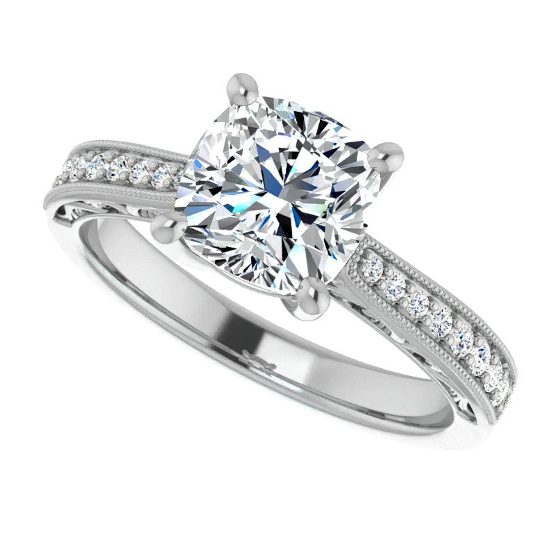 Cushion Engraved Engagement Ring with Milgrain