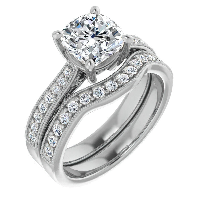 Cushion Engraved Engagement Ring with Milgrain