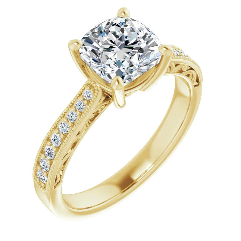 Cushion Engraved Engagement Ring with Milgrain
