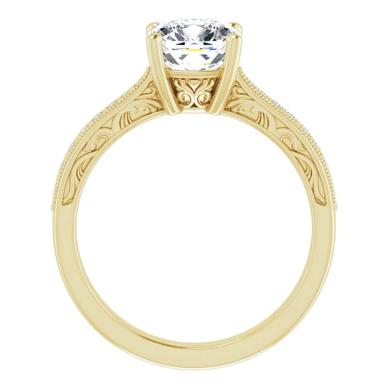 Cushion Engraved Engagement Ring with Milgrain