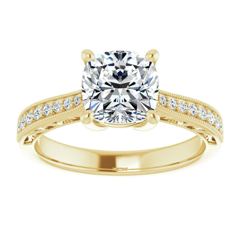 Cushion Engraved Engagement Ring with Milgrain