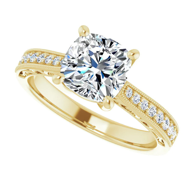 Cushion Engraved Engagement Ring with Milgrain