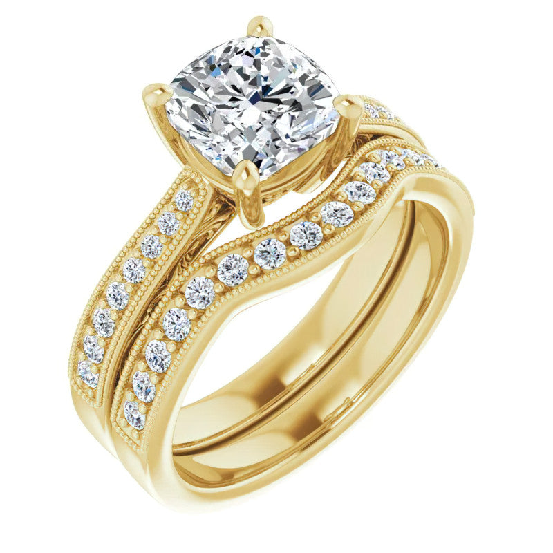 Cushion Engraved Engagement Ring with Milgrain