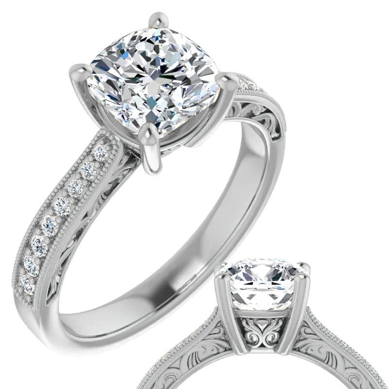 Cushion Engraved Engagement Ring with Milgrain