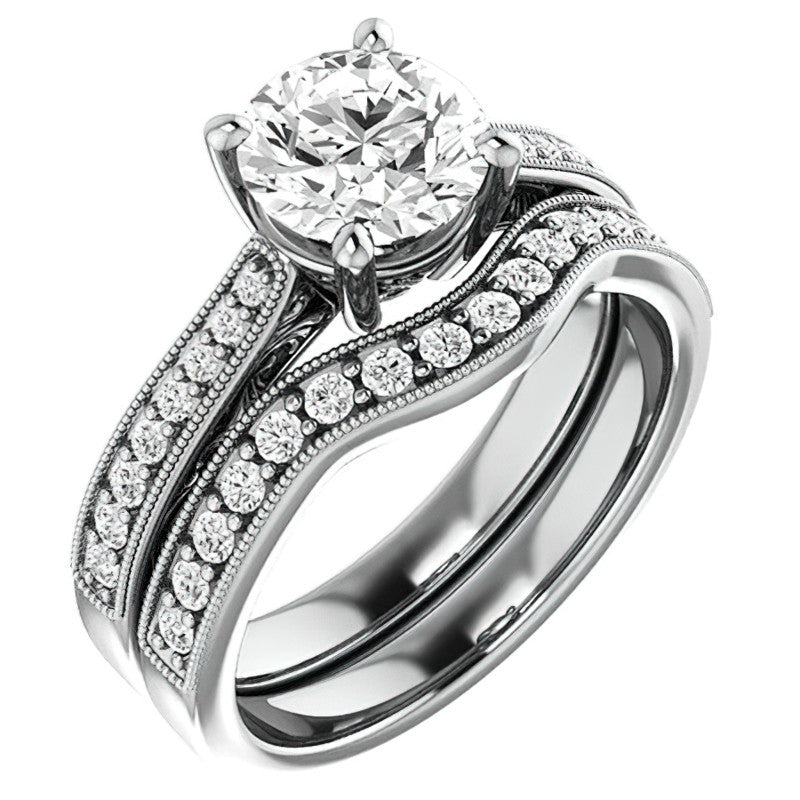 Round Engraved Moissanite Engagement Ring with Milgrain