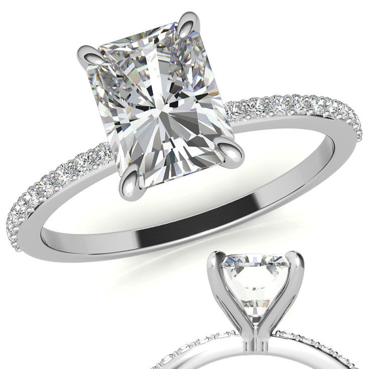 Emerald / Radiant Moissanite Engagement Ring with Claw Prongs