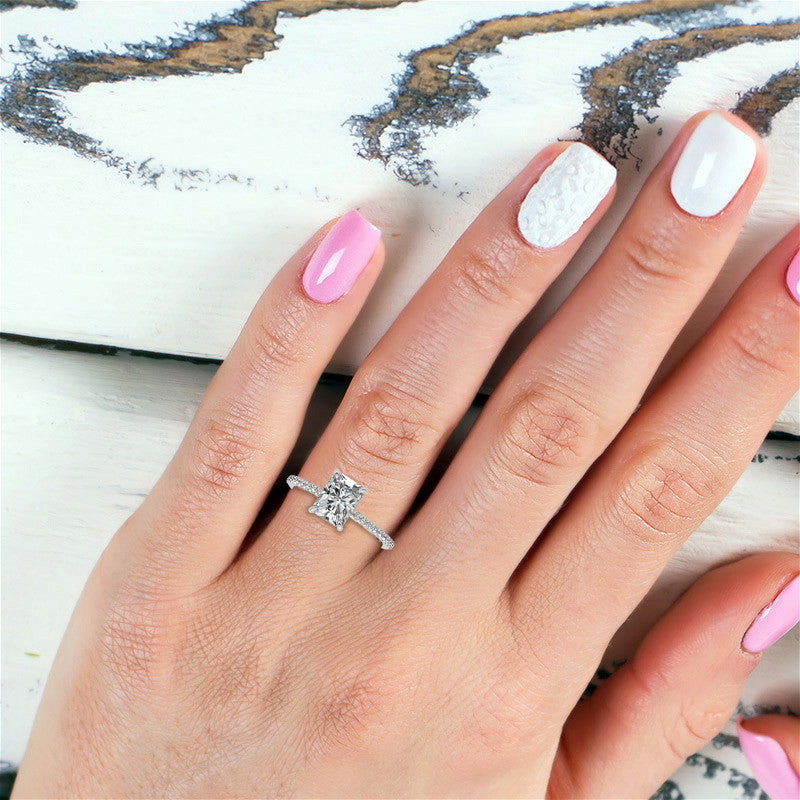 Emerald / Radiant Moissanite Engagement Ring with Claw Prongs