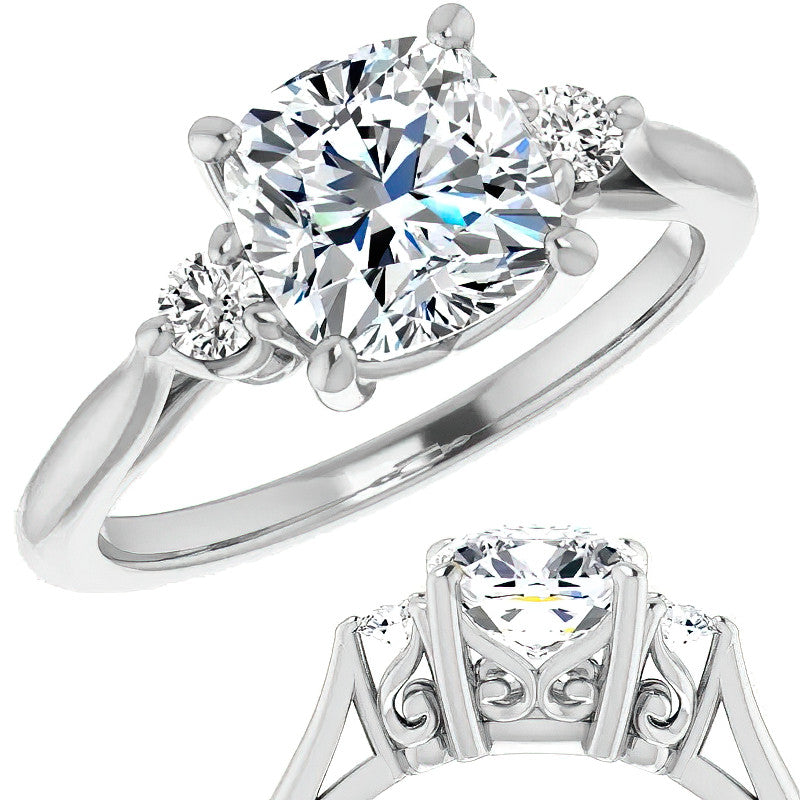 Cushion Three-Stone Cathedral Engagement Ring