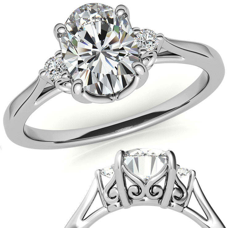 Oval Three-Stone Cathedral Engagement Ring