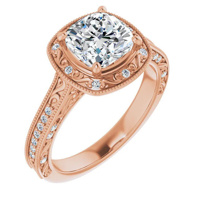 Cushion Scroll Accented Halo Engagement Ring