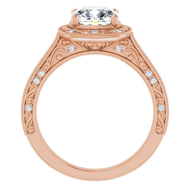 Cushion Scroll Accented Halo Engagement Ring