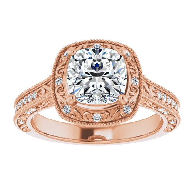 Cushion Scroll Accented Halo Engagement Ring