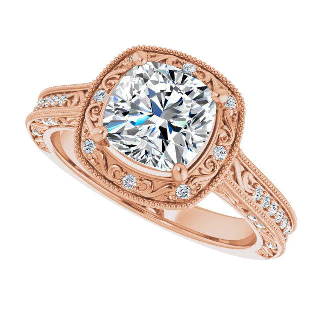 Cushion Scroll Accented Halo Engagement Ring