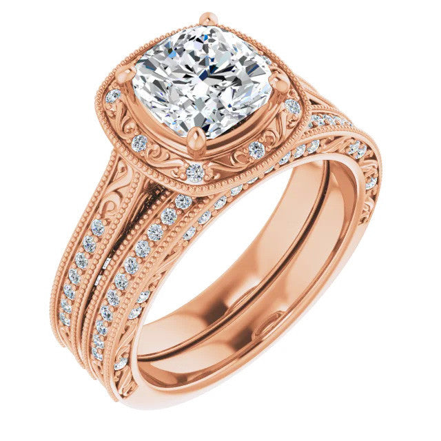 Cushion Scroll Accented Halo Engagement Ring