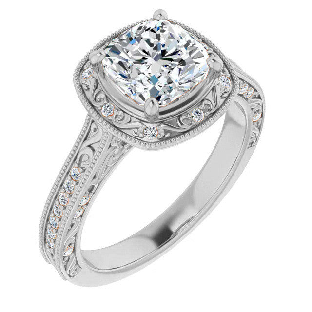 Cushion Scroll Accented Halo Engagement Ring