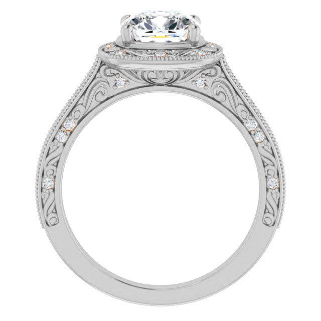 Cushion Scroll Accented Halo Engagement Ring