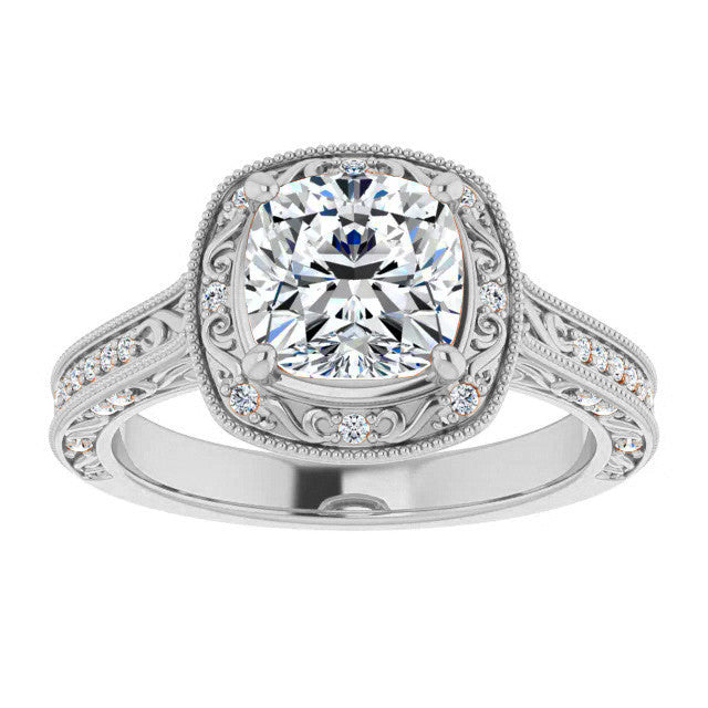 Cushion Scroll Accented Halo Engagement Ring