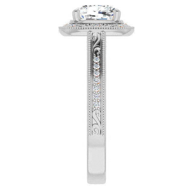 Cushion Scroll Accented Halo Engagement Ring