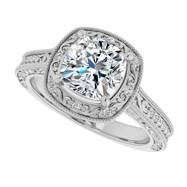 Cushion Scroll Accented Halo Engagement Ring