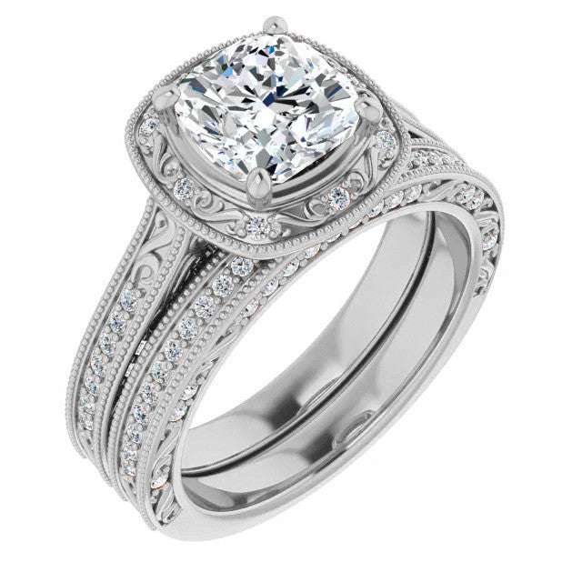 Cushion Scroll Accented Halo Engagement Ring