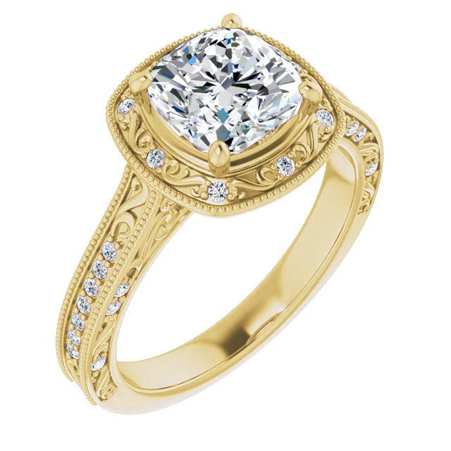 Cushion Scroll Accented Halo Engagement Ring