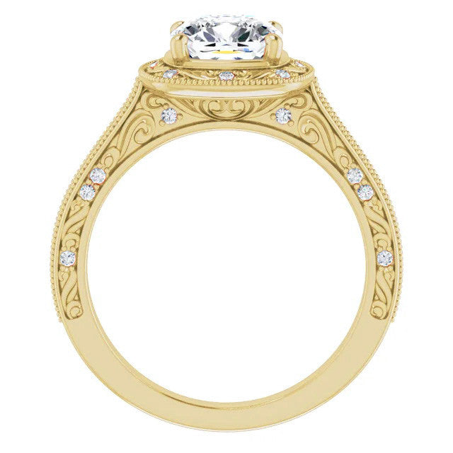 Cushion Scroll Accented Halo Engagement Ring