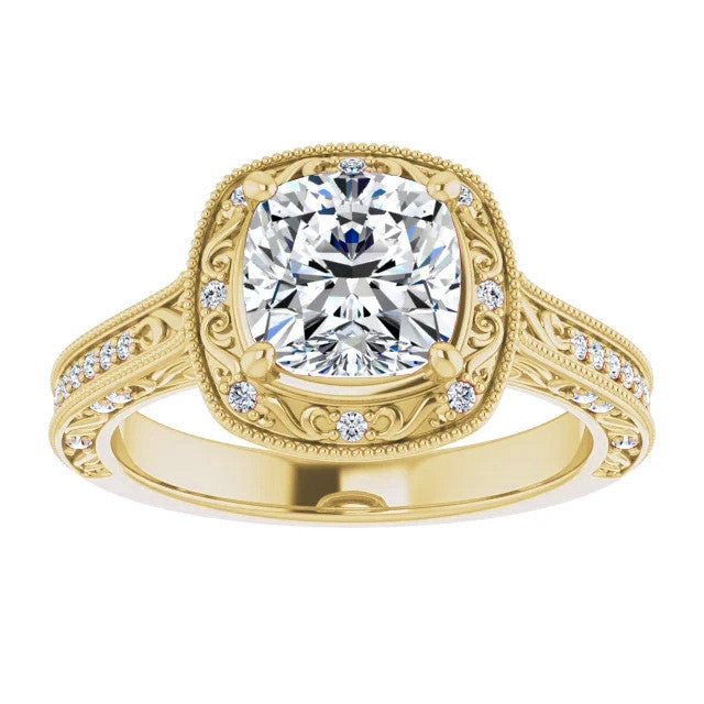 Cushion Scroll Accented Halo Engagement Ring