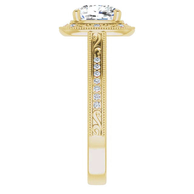 Cushion Scroll Accented Halo Engagement Ring