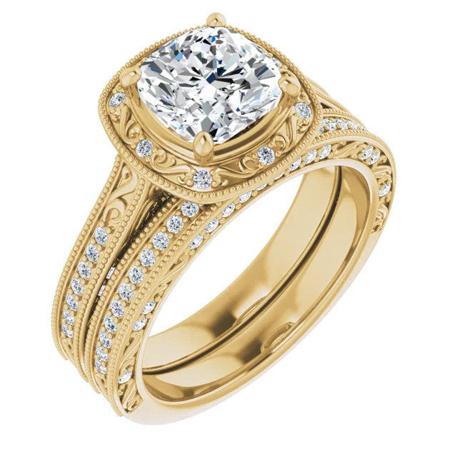 Cushion Scroll Accented Halo Engagement Ring