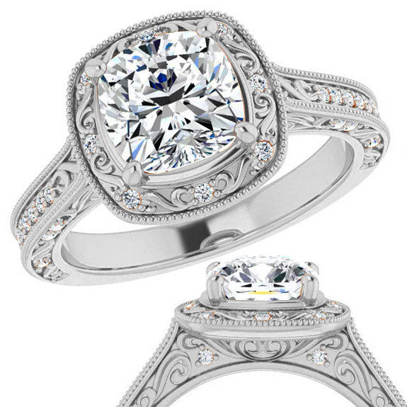 Cushion Scroll Accented Halo Engagement Ring
