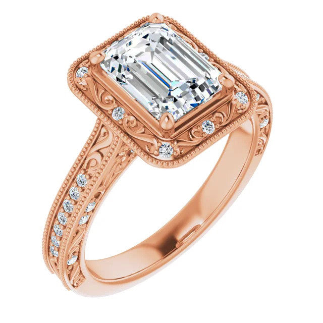 Emerald / Radiant Scroll Accented Halo Engagement Ring