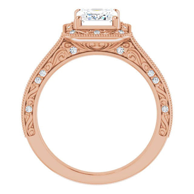 Emerald / Radiant Scroll Accented Halo Engagement Ring