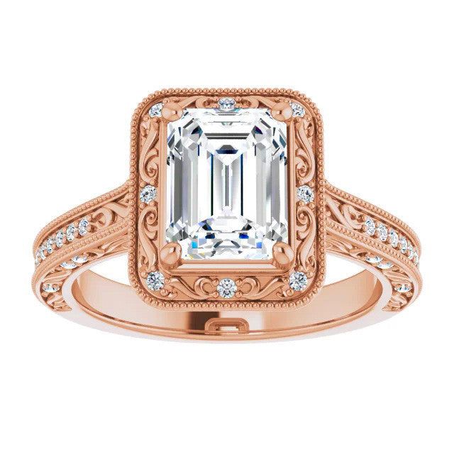 Emerald / Radiant Scroll Accented Halo Engagement Ring