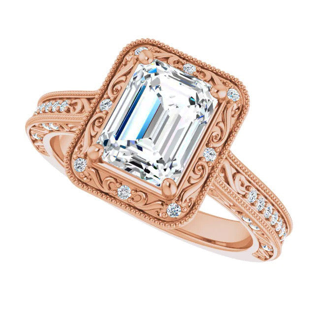Emerald / Radiant Scroll Accented Halo Engagement Ring